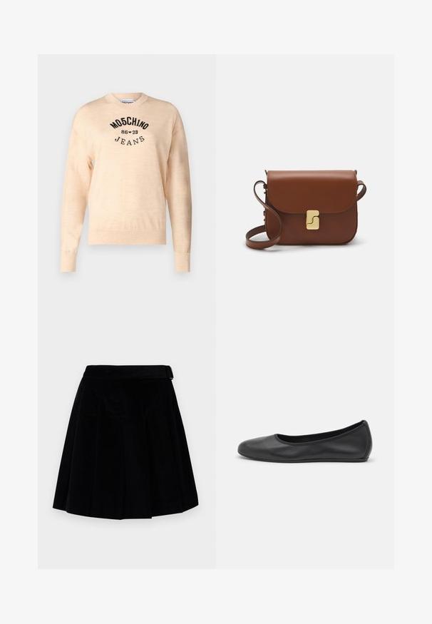 Lys beige sweater lavet af en blød strik, med rund halsudskæring, lange ærmer, og et sort broderet logo med teksten "Moschino Jeans."; WEEKEND MaxMara ZUCCA - A-snit nederdel - nero; Sort læderballetsko med rund tå, glat tekstur, minimal syning og et fleksibelt såldesign.; Brun læder håndtaske med flaplukning, hardware i gyldent tone, en skulderrem og en glat overflade. Kompakt rektangulær form.