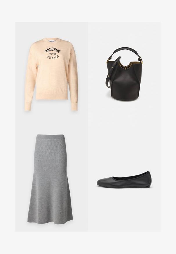 Helles beiges Sweatshirt aus weichem Strick, mit rundem Halsauschnitt, langen Ärmeln und einem schwarzen gestickten Logo mit dem Text "Moschino Jeans."; Grauer Strick-Midi-Rock mit ausgestellter Silhouette, der eine gerippte Textur und einen elastischen Bund für Komfort aufweist.; Schwarze Leder-Ballettschuhe mit abgerundeter Spitze, glatter Textur, minimalen Nähdetails und einem flexiblen Sohlen-Design.; Schwarze Leder-Eimerhandtasche mit strukturierter Oberfläche, goldenen Hardware-Akzenten und offenem Design. Verfügt über einen kurzen Griff und einen verstellbaren Schultergurt.