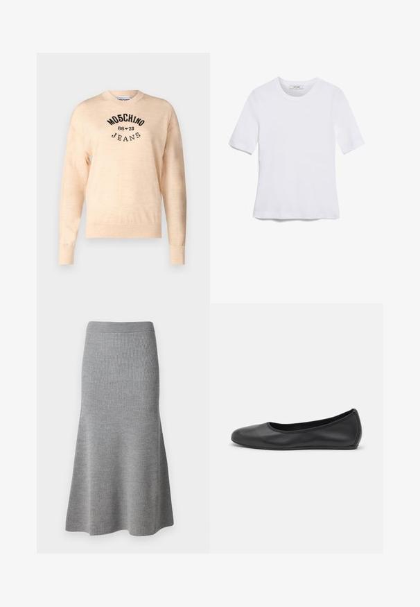 Helles beiges Sweatshirt aus weichem Strick, mit rundem Halsauschnitt, langen Ärmeln und einem schwarzen gestickten Logo mit dem Text "Moschino Jeans."; Weißes kurzärmliges T-Shirt aus geripptem Stoff. Runder Halsausschnitt, normale Passform und dezente Nähte. Keine Muster oder Grafiken.; Grauer Strick-Midi-Rock mit ausgestellter Silhouette, der eine gerippte Textur und einen elastischen Bund für Komfort aufweist.; Schwarze Leder-Ballettschuhe mit abgerundeter Spitze, glatter Textur, minimalen Nähdetails und einem flexiblen Sohlen-Design.