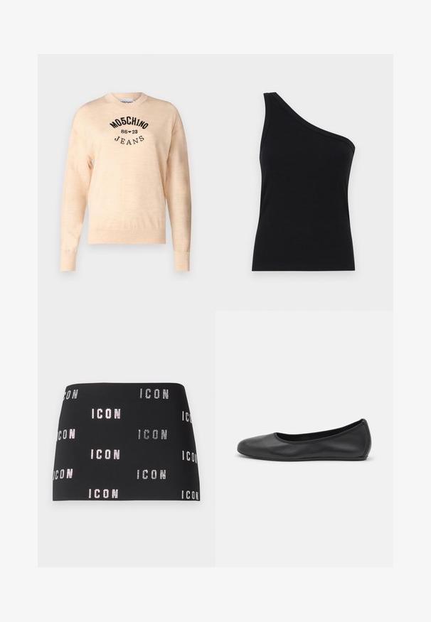 Light beige sweater made of a soft knit, featuring a round neckline, long sleeves, and a black embroidered logo with the text "Moschino Jeans."; One-shoulder black ribbed tank top with a fitted design and soft texture. Features a clean, minimal cut and smooth neckline.; Black mini skirt featuring glittering "ICON" text in a repeating pattern across the fabric, smooth texture with a fitted design.; Black leather ballet flat with a rounded toe, smooth texture, minimal stitching detail, and a flexible sole design.