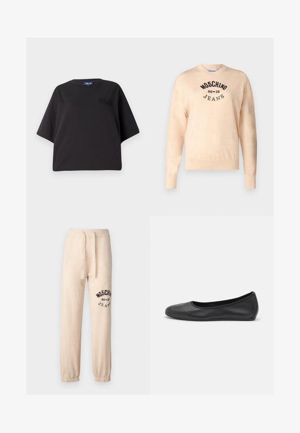 Světle béžový svetr vyrobený z měkkého pleteného materiálu, s kulatým výstřihem, dlouhými rukávy a černě vyšívaným logem s textem "Moschino Jeans."; Černé tričko s krátkým rukávem vyrobené z bavlny, s volným střihem a embosovaným logem na přední straně blízko ramene.; Béžové tepláky z bavlněné směsi s elastickým pasem a stahovací šňůrkou, s černým vyšitým logem "Moschino Jeans" na levé noze.; Černé kožené baletní byty s kulatou špičkou, hladkou texturou, minimálními švy a flexibilním designem podrážky.