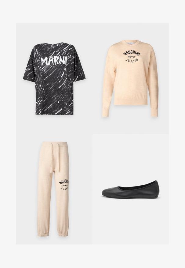 Světle béžový svetr vyrobený z měkkého pleteného materiálu, s kulatým výstřihem, dlouhými rukávy a černě vyšívaným logem s textem "Moschino Jeans."; Černé oversized bavlněné tričko s bílým pruhovaným vzorem a výrazně zobrazeným logem "MARNI" na zadní straně. Krátké rukávy a kulatý výstřih.; Beige tepláky s elastickými manžetami a pásem. Na levém stehně se nachází černý potisk s logem "MOSCHINO 86 ❤ 23 JEANS". Měkká textura.; Černé kožené baletní byty s kulatou špičkou, hladkou texturou, minimálními švy a flexibilním designem podrážky.