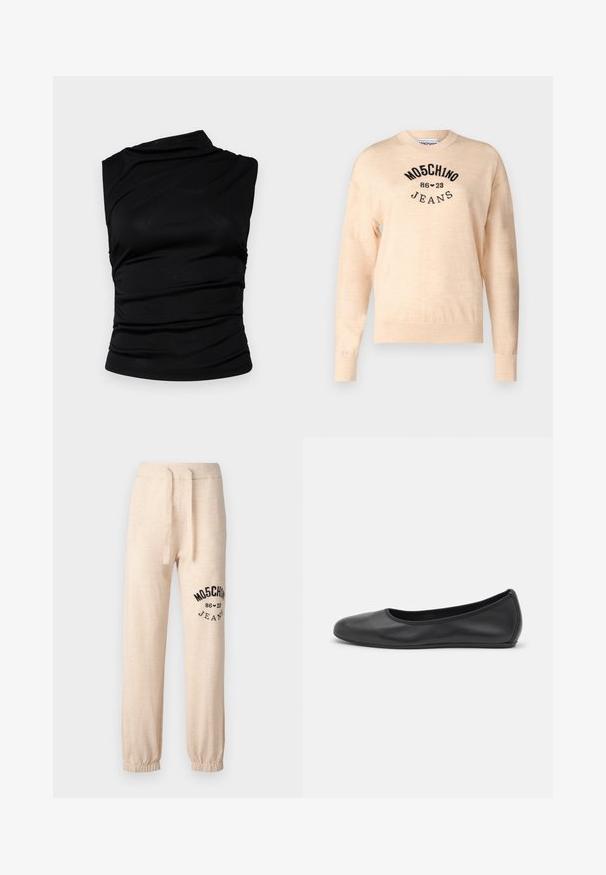 Maglione beige chiaro realizzato in un morbido tessuto a maglia, con scollo rotondo, maniche lunghe e un logo ricamato nero con la scritta "Moschino Jeans."; Top senza maniche nero con scollatura asimmetrica, caratterizzato da tessuto arricciato per texture e una silhouette aderente. Materiale liscio e elasticizzato.; Pantaloni della tuta beige con polsini e vita elastica. Presenta un logo stampato nero "MOSCHINO 86 ❤ 23 JEANS" sulla coscia sinistra. Tessuto morbido.; Pantofole da balletto nere in pelle con punta arrotondata, texture liscia, dettagli di cucitura minimi e design con suola flessibile.