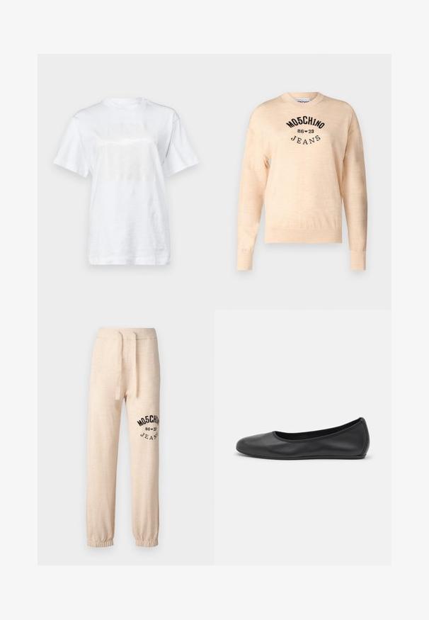 Lichtbeige trui van een zachte breisel, met een ronde hals, lange mouwen en een zwart geborduurd logo met de tekst "Moschino Jeans."; MAX&Co. TEE - T-shirt print - weiss; Beige sweatpants met elastische boorden en tailleband. Heeft een zwart gedrukt logo "MOSCHINO 86 ❤ 23 JEANS" op de linkerdij. Zachte textuur.; Zwarte leren ballerina met een ronde neus, gladde textuur, minimale stikdetails en een flexibele zoolontwerp.