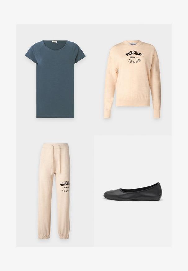 Světle béžový svetr vyrobený z měkkého pleteného materiálu, s kulatým výstřihem, dlouhými rukávy a černě vyšívaným logem s textem "Moschino Jeans."; CLOSED Jednoduché tričko - graphite blue; Beige tepláky s elastickými manžetami a pásem. Na levém stehně se nachází černý potisk s logem "MOSCHINO 86 ❤ 23 JEANS". Měkká textura.; Černé kožené baletní byty s kulatou špičkou, hladkou texturou, minimálními švy a flexibilním designem podrážky.