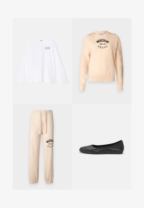 Suéter bege claro feito de um malha suave, com decote redondo, mangas longas e um logótipo bordado em preto com o texto "Moschino Jeans."; Camisola branca de manga longa em algodão com decote redondo. Apresenta o logo em azul claro "MOSCHINO JEANS" na zona do peito esquerdo.; Calças de fato de treino bege de corte descontraído, feitas de tecido macio, com cintura elástica ajustável com cordão e logótipo/desenho preto na perna esquerda.; Bailarina preta em pele com bico arredondado, textura suave, detalhe de costura minimalista e design de sola flexível.