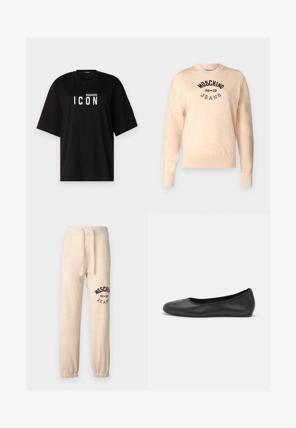 Pull léger beige en tricot doux, avec un col rond, des manches longues et un logo noir brodé avec le texte "Moschino Jeans."; DSQUARED2 ICON TEE - T-shirt imprimé - black; Pantalons de survêtement beige avec des poignets et une taille élastiques. Dotés d'un logo imprimé noir "MOSCHINO 86 ❤ 23 JEANS" sur la cuisse gauche. Texture douce.; Ballerines en cuir noir avec un bout rond, texture lisse, détails de couture minimalistes et design de semelle flexible.