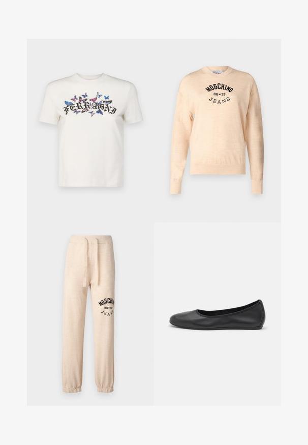 Light beige sweater made of a soft knit, featuring a round neckline, long sleeves, and a black embroidered logo with the text "Moschino Jeans."; White cotton t-shirt with short sleeves featuring a black printed "FERRAGNI" logo surrounded by colorful butterfly designs.; Beige sweatpants with elastic cuffs and waistband. Features a black printed logo "MOSCHINO 86 ❤ 23 JEANS" on the left thigh. Soft texture.; Black leather ballet flat with a rounded toe, smooth texture, minimal stitching detail, and a flexible sole design.