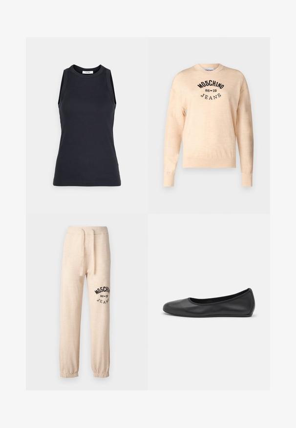 Jasno beżowy sweter z miękkiego dzianiny, z okrągłym dekoltem, długimi rękawami i czarnym haftowanym logo z napisem "Moschino Jeans."; IVY OAK KLARA ANN granatowy; Beżowe spodnie dresowe z elastycznymi mankietami i paskiem. Na lewym udzie znajduje się czarny nadrukowany logo "MOSCHINO 86 ❤ 23 JEANS". Miękka tekstura.; Czarne skórzane baletki z zaokrąglonym noskiem, gładką fakturą, minimalnymi przeszyciami i elastycznym designem podeszwy.