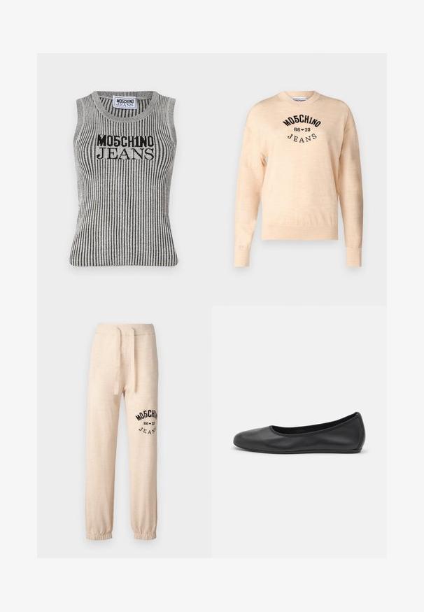 Light beige sweater made of a soft knit, featuring a round neckline, long sleeves, and a black embroidered logo with the text "Moschino Jeans."; Sleeveless ribbed top in silver and black with "MOSCHINO JEANS" logo. Features a round neckline and a fitted shape, made from a textured fabric.; Beige sweatpants with elastic cuffs and waistband. Features a black printed logo "MOSCHINO 86 ❤ 23 JEANS" on the left thigh. Soft texture.; Black leather ballet flat with a rounded toe, smooth texture, minimal stitching detail, and a flexible sole design.