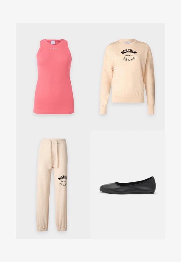 Světle béžový svetr vyrobený z měkkého pleteného materiálu, s kulatým výstřihem, dlouhými rukávy a černě vyšívaným logem s textem "Moschino Jeans."; Bezramenný růžový žebrovaný top s kulatým výstřihem, se malým bílým logem "PINKO" umístěným na hrudi.; Beige tepláky s elastickými manžetami a pásem. Na levém stehně se nachází černý potisk s logem "MOSCHINO 86 ❤ 23 JEANS". Měkká textura.; Černé kožené baletní byty s kulatou špičkou, hladkou texturou, minimálními švy a flexibilním designem podrážky.