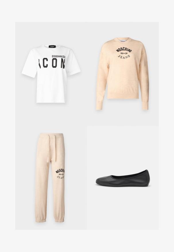 Maglione beige chiaro realizzato in un morbido tessuto a maglia, con scollo rotondo, maniche lunghe e un logo ricamato nero con la scritta "Moschino Jeans."; Maglietta bianca in cotone con scollatura rotonda e maniche corte. Stampa nera "DSQUARED2" e "ICON" sul davanti in grassetto e in maiuscolo.; Pantaloni jogger beige a vestibilità comoda, realizzati in tessuto morbido, con vita elastica regolabile tramite coulisse e logo/design nero sulla gamba sinistra.; Pantofole da balletto nere in pelle con punta arrotondata, texture liscia, dettagli di cucitura minimi e design con suola flessibile.