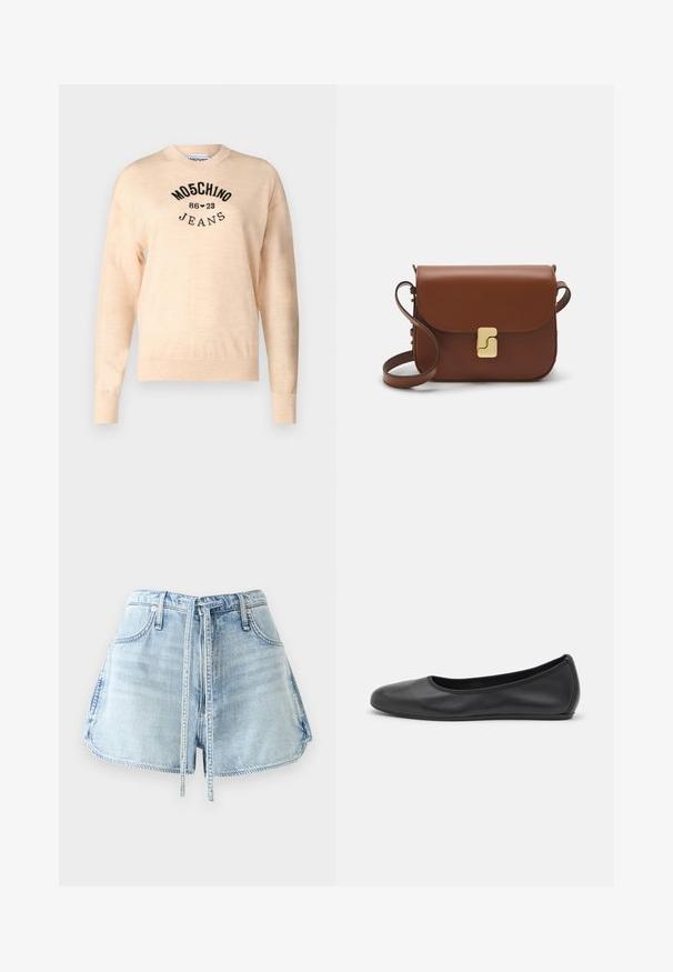 Light beige sweater made of a soft knit, featuring a round neckline, long sleeves, and a black embroidered logo with the text "Moschino Jeans."; Light blue denim shorts with a drawstring waist, five pockets, and raw hem edges. The fabric has a distressed texture.; Black leather ballet flat with a rounded toe, smooth texture, minimal stitching detail, and a flexible sole design.; Brown leather handbag with a flap closure, gold-tone hardware, a shoulder strap, and a smooth texture. Compact rectangular shape.
