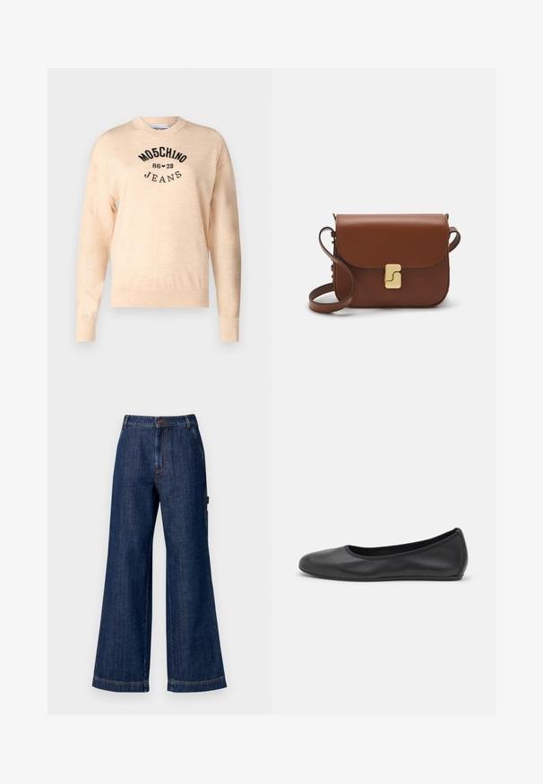 Light beige sweater made of a soft knit, featuring a round neckline, long sleeves, and a black embroidered logo with the text "Moschino Jeans."; Wide-leg denim trousers in dark indigo. Features standard waistband with button, side pockets, and straight hems. Classic five-pocket design.; Black leather ballet flat with a rounded toe, smooth texture, minimal stitching detail, and a flexible sole design.; Brown leather handbag with a flap closure, gold-tone hardware, a shoulder strap, and a smooth texture. Compact rectangular shape.
