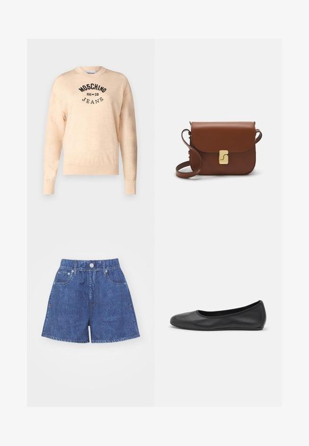 Pull léger beige en tricot doux, avec un col rond, des manches longues et un logo noir brodé avec le texte "Moschino Jeans."; Shorts en denim bleu foncé à taille haute, avec fermeture à boutons, deux poches avant et détails de couture sur l'ourlet.; Ballerines en cuir noir avec un bout rond, texture lisse, détails de couture minimalistes et design de semelle flexible.; Sac à main en cuir marron avec une fermeture à rabat, des accents en métal doré, une bandoulière et une texture lisse. Forme rectangulaire compacte.