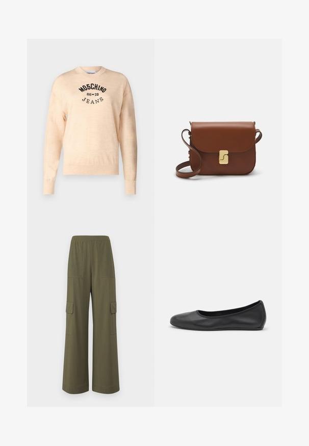 Pull léger beige en tricot doux, avec un col rond, des manches longues et un logo noir brodé avec le texte "Moschino Jeans."; Pantalons cargo ample en vert olive, fabriqués en tissu respirant, offrant des poches latérales et une coupe décontractée avec une taille plate.; Ballerines en cuir noir avec un bout rond, texture lisse, détails de couture minimalistes et design de semelle flexible.; Sac à main en cuir marron avec une fermeture à rabat, des accents en métal doré, une bandoulière et une texture lisse. Forme rectangulaire compacte.