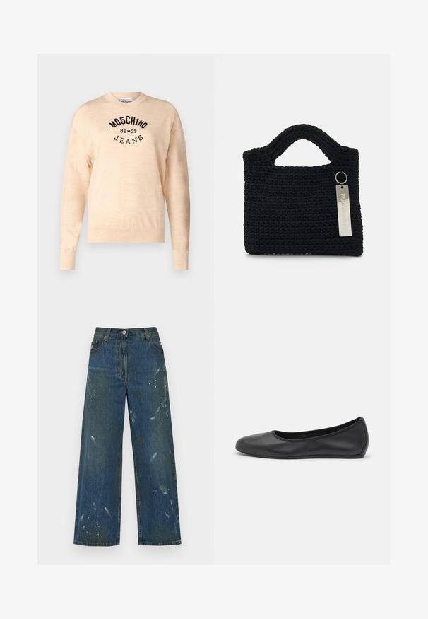 Vaaleanbeige neulepaita, joka on valmistettu pehmeästä kudoksesta. Siinä on pyöreä kaula-aukko, pitkät hihat ja musta brodeerattu logo, jossa on teksti "Moschino Jeans."; Vaaleat lahkeet tummansinisistä denimeistä, joissa on maaliroiskeita. Klassinen viiden taskun muotoilu ja nappikiinnitys vyötäröllä.; Musta nahkainen ballerina, jossa on pyöristetty kärki, sileä pinta, minimaalinen ommelkoristelu ja joustava pohjamuotoilu.; Won Hundred MARSIELLE COMPUTER BAG UNISEX - Tietokonelaukku - black