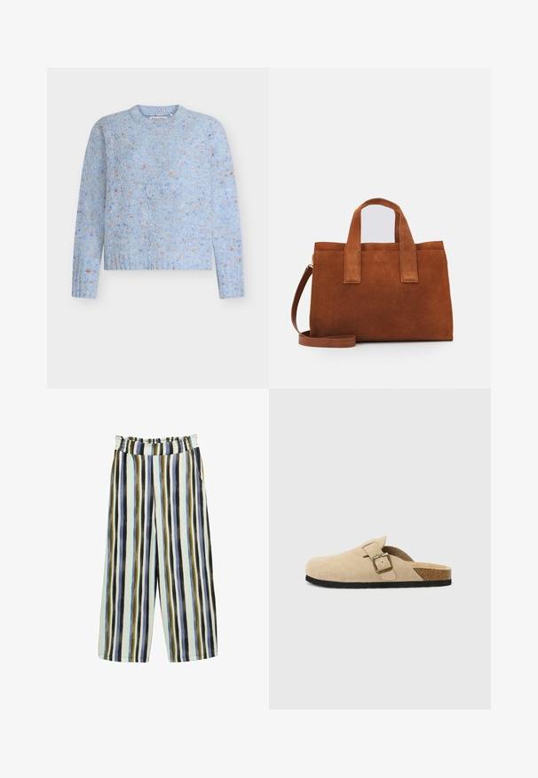 Světlomodrý svetr s texturovaným vzorem, zdobený pestrými skvrnami po celé ploše. Kulatý výstřih a dlouhé rukávy.; Kalhoty s širokými nohavicemi a elastickým pasem. Mají vertikální pruhy v modré, zelené a černé barvě na světlém pozadí. Měkká, texturovaná tkanina.; Béžové semišové klouzavé dřeváky s korkovou stélkou, zaoblenou špičkou a jednoduchým páskem s kovovou sponou v zlatém tónu. Gumová podrážka pro lepší přilnavost.; Hnědá semišová kabelka se dvěma horními držadly a nastavitelným ramenním popruhem. Má strukturovaný tvar a minimalistický design.
