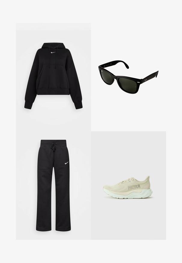 Melnā īsā kapuce, kas izgatavota no mīksta auduma, piedāvā pievilkšanas kapuci, priekšējo kangaroo kabatu un mazu baltu Nike logo uz krūšu daļas.; Melnas treniņbikses, kas izgatavotas no kokvilnas maisījuma, ar regulējamu jostu, taisnām kājām un baltu Nike logo kreisajā pusē.; Gaiši bežu skriešanas apavi ar teksturētu tīkla virsotni, mīksto starpuli un piparmētru zaļu zoli. Sānos ir redzams Hoka zīmols.; Melnās plastmasas saulesbrilles ar tumši zaļiem lēcām. Kvadrāta rāmja dizains ar sudraba akcentiem un izvirpotu logo uz tempļa.; Džinsa iepirkumu soma ar divām rokturiem un noņemamu tumši zilā krāsā plecu siksnu. Iespējo "Coach New York" tumši zilā burtiem un ādas birku.