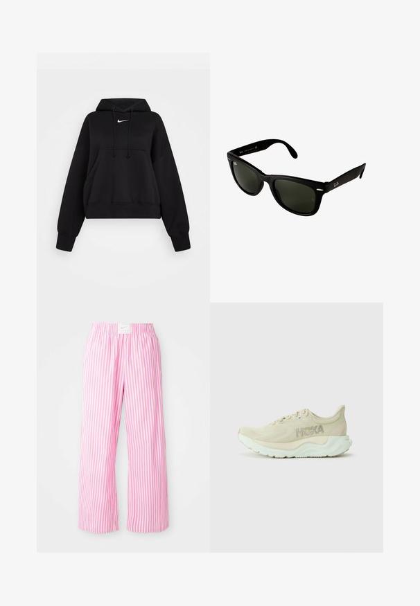 Crni skraćeni dukserica izrađena od mekog materijala, s kapuljačom koja se može podešavati uz pomoć povlačenja, prednjim džepom u obliku kengura i malim bijelim Nike logotipom na prsima.; Narančaste i bijele prugaste hlače s elastičnom tregom. Izrađene od laganog materijala, s opuštenim, širokim krojem.; Svijetlosmeđi tenisice za trčanje s teksturiranim mrežastim gornjim dijelom, podstavljenim srednjim dijelom i mint zelenim potplatom. Imaju Hoka logotip sa strane.; Crne plastične sunčane naočale s tamnozelenim staklima. Kvadratni dizajn okvira ima srebrne akcentne detalje i ugravirani logo na sljepoočnici.; Denim torba s dvostrukim ručkama i odvojivim mornarsko plavim remenom za rame. Sadrži natpis "Coach New York" u mornarsko plavoj boji i kožnu oznaku.