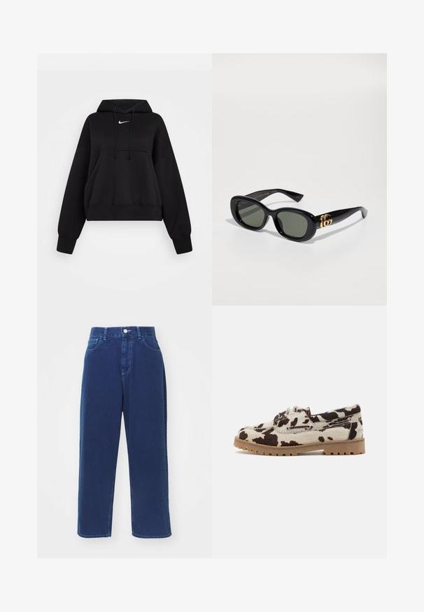 Hoodie noir court en tissu doux, avec une capuche à cordon, poche kangourou avant et un petit logo Nike blanc sur la poitrine.; Jeans plissés bleu marine en tissu coton, avec une taille haute, des poches avant et des détails de couture contrastants.; Chaussures à motif peau de vache avec une base crème et des taches marron foncé, construites avec une semelle en caoutchouc et un lacet.; Lunettes de soleil en plastique noir avec des verres verts, de forme ovale et avec un détail de logo doré sur les branches. Texture lisse et finition brillante.; Sac bandoulière en tissu crème avec un motif répété de logo MK, ornements en cuir marron et une bandoulière en chaîne dorée avec une sangle marron amovible.