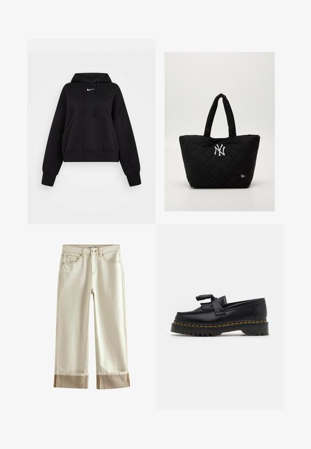 Un hanorac scurt, negru, realizat dintr-un material moale, având glugă cu șnur, buzunar frontal tip kangaroo și un mic logo alb Nike pe piept.; Next CROPPED TURN UP - Blugi evazați - ecru white; Mocasini din piele neagră cu un accent ciufulit, având o talpă groasă neagră și cusături galbene pe margine. Finisaj texturat.; Geantă tote quilted neagră cu mânere duble, având un logo alb al echipei New York Yankees și un mic emblemă a brandului pe lateral.