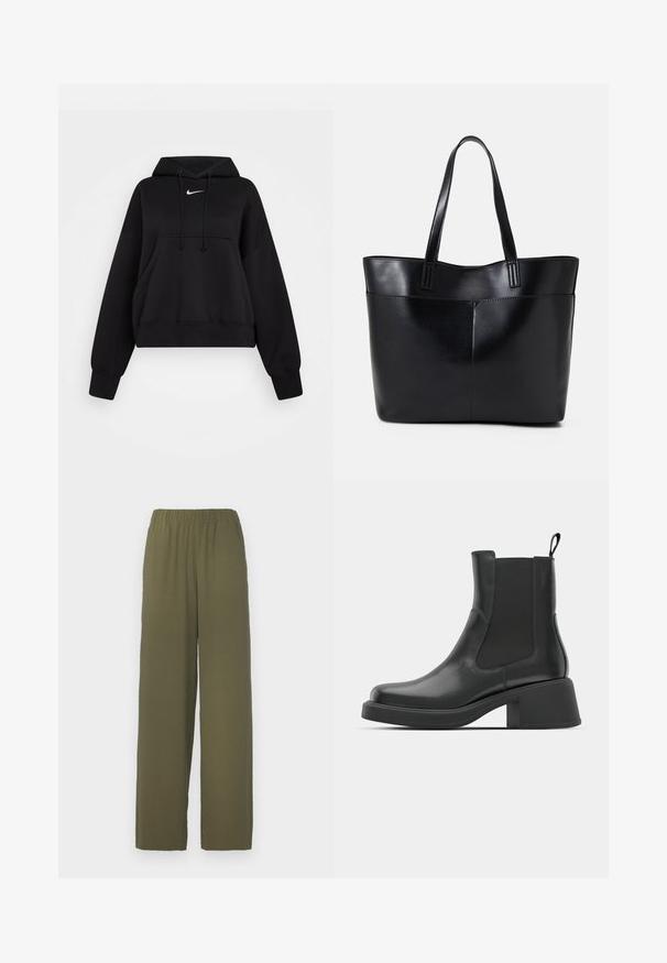 Fekete rövidített kapucnis pulóver puha anyagból, húzózsinórral, elülső kenguru zsebbel és egy kis fehér Nike logóval a mell részen.; Olajzöld, bőszárú nadrág, rugalmas derékkal, sima anyagból készült, drapált megjelenéssel és látható hardver nélkül.; Fekete bőr bokacsizma elasztikus oldalsó panelekkel, kerek orral és vastag blokk sarokkal. Sima textúra, minimalista design.; Fekete bőr bevásárlótáska két hosszú fogantyúval, sima felülettel és strukturált formával. Elülső zseb található rajta a plusz tárolás érdekében.; Ezüst karika fülbevalók sima, fényes felülettel. Lekerekített forma, könnyű kialakítással, tűs zárómechanizmussal.