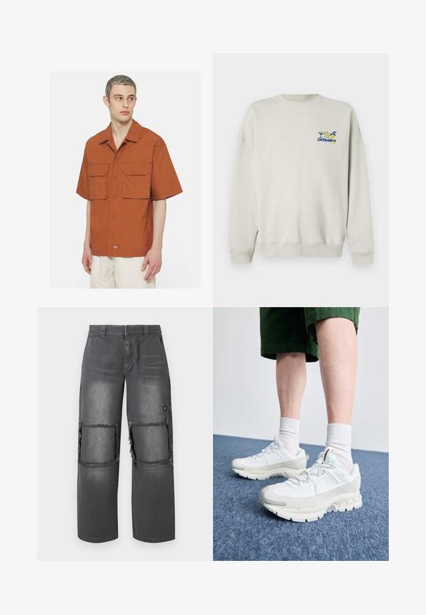 Sudadera gris claro con el texto "De Vacaciones" y un gráfico de un cóctel y el sol. Cuello redondo clásico y puños de canalé.; Camisa de manga corta y botones en color óxido. Presenta dos bolsillos en el pecho, un cuello puntiagudo y un corte recto. Tela ligera.; Pantalones de mezclilla gris de corte relajado, con parches desgastados en las rodillas, costuras en contraste y un pequeño logo en el costado.; Zapatillas deportivas blancas con superposiciones texturizadas, una suela gruesa y acentos grises. Llevadas con calcetines blancos hasta la pantorrilla y pantalones cortos verdes sobre una superficie azul.