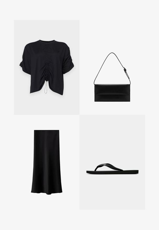 Pullover in maglia cable-beige chiaro con colletto rotondo bianco, pattina con tre bottoni, e polsini e orlo a coste. Texture morbida, vestibilità rilassata.; Top corto nero realizzato in tessuto morbido, con scollatura rotonda, maniche corte e dettagli arricciati sul davanti con un cordino.; Gonna midi nera realizzata in tessuto liscio e leggero. Presenta una linea dritta, senza componenti visibili e un design semplice senza fantasie.; Infradito in gomma nera con cinturino testurizzato e suola piatta semplice, mostrati di lato su uno sfondo chiaro e uniforme.; Mango Borsa a mano - black