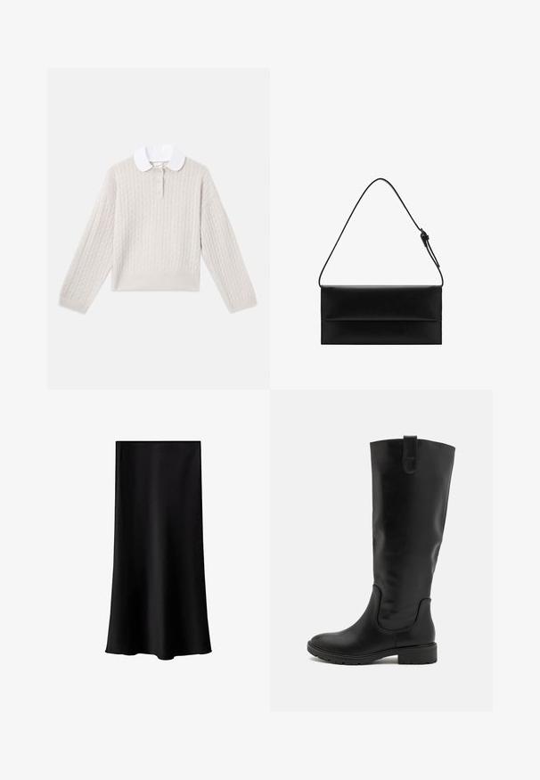 Hellebeige Kabelstrickpullover mit einem weißen, runden Kragen, einer Drei-Knopf-Leiste sowie gerippten Bündchen und Saum. Weiche Textur, lockere Passform.; Weißes T-Shirt mit kurzen Ärmeln aus glattem Baumwollstoff, ausgestattet mit einem runden Halsausschnitt und einem lässigen Schnitt mit genähten Säumen.; Schwarze Midischürze aus glattem, leichtem Stoff. Sie hat einen geraden Schnitt, keine sichtbaren Beschläge und ein schlichtes Design ohne Muster.; Schwarze knöchelhohe Stiefel aus glattem Leder, mit einem weiten Schaft, elastischen Seitenpaneelen und einer strukturierten Gummisohle für besseren Halt.; Mango Handtasche - black