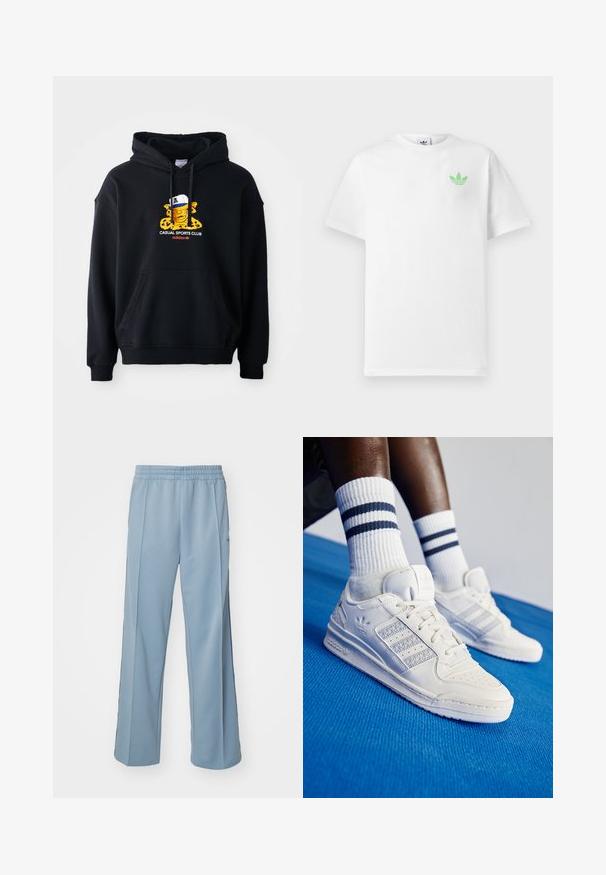 Zwarte hoodie van katoen, met een kleurrafgrafiek van een personage met een pet. Inclusief een voorste kangoeroezak en geribde manchetten.; Witte katoenen t-shirt met korte mouwen, met een klein groen Adidas-logo op de linkerkant van de borst. Eenvoudig, klassiek ontwerp met een ronde hals.; Carhartt WIP BOLAN PANT - Trainingsbroek - dusty ice/positano; Witte leren sneakers met geperforeerde accenten, drie metalen strepen en een textuurpanel aan de zijkant. Draagt met witte sokken met blauwe strepen.