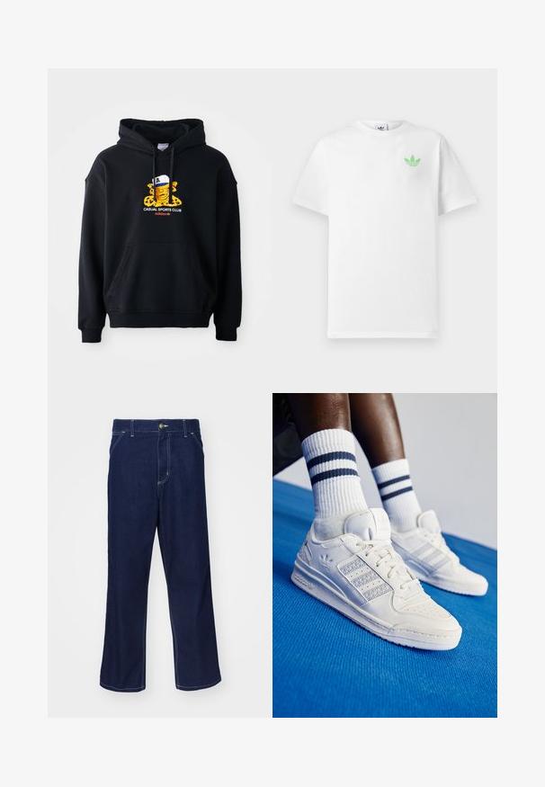 Hanorac negru cu glugă din bumbac, având o grafică colorată cu un personaj purtând o șapcă. Include un buzunar în stil kangaroo în față și manșete căptușite.; Tricou alb din bumbac, cu mâneci scurte, care prezintă un mic logo verde Adidas pe partea stângă a pieptului. Design simplu și clasic, cu guler rotund.; Pantaloni din denim albastru închis cu un design drept, având detalii de cusătură deschisă și închidere cu nasture în față. Textură netedă.; Adidași albaștri din piele cu accente perforate, trei dungi metalice și un panou lateral texturat. Purtați cu șosete albe cu dungi albastre.