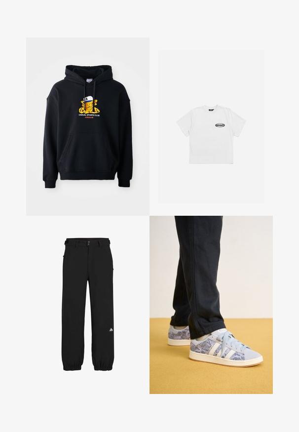 Sweatshirt à capuche noire en coton, présentant un graphique coloré d'un personnage portant une casquette. Comprend une poche kangourou à l'avant et des poignets côtelés.; T-shirt en coton blanc avec un col rond, des manches courtes et un petit logo noir imprimé sur la poitrine gauche. Texture douce et unie.; Pantalon noir en tissu léger, avec une coupe décontractée, des poignets élastiques, des passants de ceinture et un petit logo coloré sur la jambe inférieure.; Baskets bleu clair avec un motif serpent, dotées de rayures blanches et de lacets, sur un sol jaune.