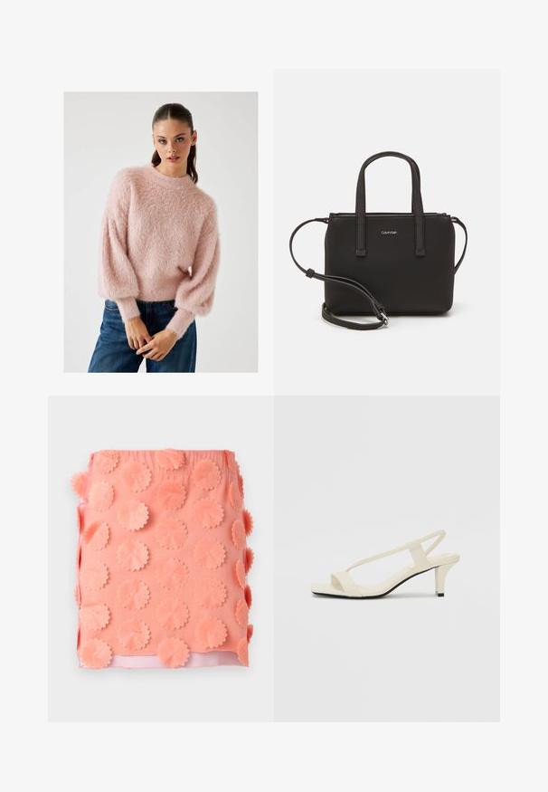 Svijetloružičasti, pahuljasti pulover s visokim ovratnikom i balon rukavima, napravljen od mekog materijala. Uparen s uskim tamnoplavim trapericama.; Korale suknja s teksturiranom površinom koja sadrži okrugle tkanine aplikacije. Elastična linija struka i glatka unutarnja podstava.; Bež sandale na blok petu s tankim remenčićima i kvadratnim vrhom. Glatki materijal s minimalnim detaljima, dizajnirane za jednostavno nošenje.; Crna torba s dva kratka ručka i uklonjivom naramenicom. Glatki materijal nalik koži s zatvaračem na zatvaranje i detaljem s logom.