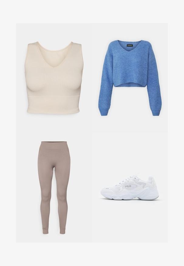 Plavi skraćeni pulover s V-izrezom, rebrastom teksturom i dugim rukavima. Napravljen od mekog materijala. Oznaka: even&odd.; Svijetlosmeđa rebrasta majica na bretele s v-izrezom, prilagođenog kroja, širokim trakama i bezšivim rubom, izrađena od mekanog, rastezljivog materijala.; Rebraste tajice u mekoj taupe boji, s visokim strukom, uskim krojem i suženim gležnjevima. Izrađene od teksturiranog, rastezljivog materijala.; Bijela atletska cipela s teksturiranim mrežastim gornjim dijelom, podstavljenim ovratnikom i debelim potplatom. Ima logotip sa strane i vezanje na vezice.