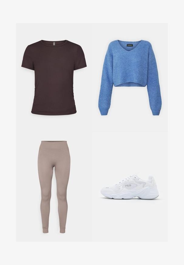 Maglione corto blu con scollatura a V, texture a coste e maniche lunghe. Realizzato in materiale morbido. Etichetta: even&odd.; T-shirt marrone a maniche corte realizzato in tessuto a coste, con scollatura rotonda e design aderente, caratterizzato da delicati dettagli di arricciatura laterali.; Leggings a costine in un morbido colore taupe, con vita alta, vestibilità slim e caviglie affusolate. Realizzati in un tessuto strutturato e elasticizzato.; Scarpa sportiva bianca con tomaia in mesh testurizzato, colletto imbottito e suola spessa. Presenta un logo sul lato e chiusura con lacci.