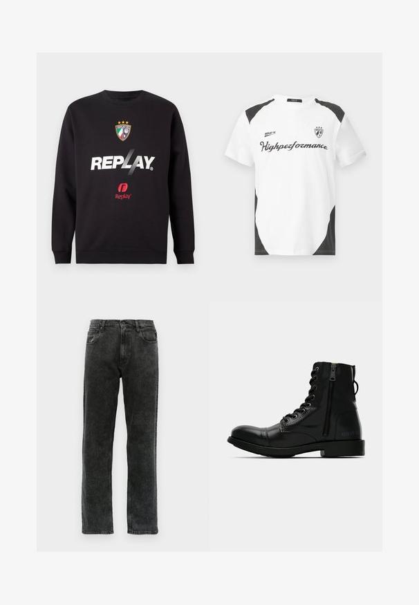 Schwarzer Sweatshirt mit "REPLAY"-Logo und dem Replay FC-Wappen, das drei Sterne und die Farben der italienischen Flagge in der Mitte auf der Vorderseite zeigt.; Weißes Kurzarm-T-Shirt mit schwarzen Akzenten. Verfügt über das Logo "REPLAY FC" und den Text "Highperformance" in einer sportlichen Schriftart. Hergestellt aus einem glatten Material.; Schwarze Denim-Jeans mit geradem Schnitt, fünf Taschen, Knopfverschluss und dezentem Verblassen des Stoffs.; Schwarze Leder-Ankle-Boots mit runder Zehenform, vorderer Schnürung, seitlichem Reißverschluss und flacher Sohle. Mit erhabener Markenprägung auf der Ferse.