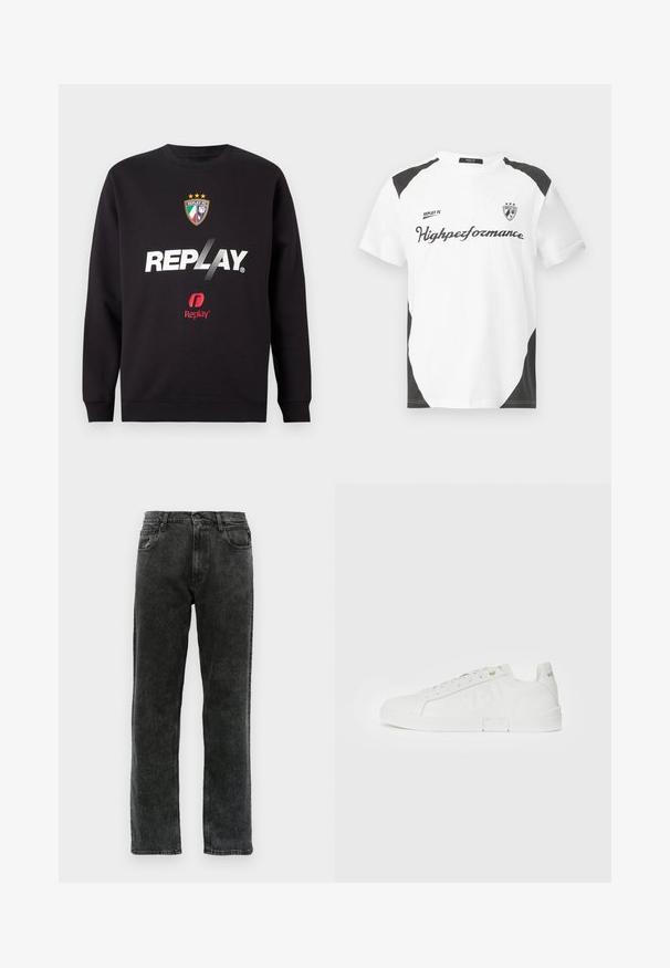Sweatshirt noir avec le logo "REPLAY" et le blason de Replay FC, affichant trois étoiles et les couleurs du drapeau italien au centre avant.; T-shirt blanche à manches courtes avec des accents noirs. Présente le logo "REPLAY FC" et le texte "Highperformance" dans une police sportive. Fabriquée à partir d'un matériau lisse.; Jean en denim noir avec une coupe droite, comportant cinq poches, une fermeture à bouton, et un léger délavage sur le tissu.; Replay POLYS DEBOSS - Baskets basses - white