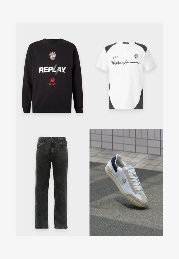 Mustmust, mille "REPLAY" logo ja Replay FC vapp, millel on kolm tähte ja Itaalia lipu värvid, keskosas.; Valge lühikeste varrukatega t-särk mustade aktsentidega. Omab "REPLAY FC" logo ja "Highperformance" teksti sportlikus kirjas. Valmistatud siledast materjalist.; Mustad teksased otse lõikega, millel on viis taskut, nööbiga sulgemine ja õrn pleekimine kangal.; Valge nahast toss, millel on beež suede aktsendid, tumesinine kandmepanija ja kuldne logo. Tekstuuriga sisetald, millel on dekoratiivne muster. Klassikaline nööbidisain.