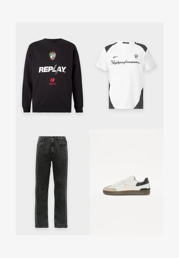 Sweatshirt noir avec le logo "REPLAY" et le blason de Replay FC, affichant trois étoiles et les couleurs du drapeau italien au centre avant.; T-shirt blanche à manches courtes avec des accents noirs. Présente le logo "REPLAY FC" et le texte "Highperformance" dans une police sportive. Fabriquée à partir d'un matériau lisse.; Jean en denim noir avec une coupe droite, comportant cinq poches, une fermeture à bouton, et un léger délavage sur le tissu.; Sneaker blanc et noir en cuir et daim, avec un bout rond, une semelle texturée, un logo doré et un accent de talon contrastant.