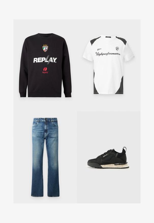 Crna dukserica sa logotipom "REPLAY" i grbom Replay FC koji sadrži tri zvjezdice i boje italijanske zastave na središnjem dijelu.; Bijela majica kratkih rukava s crnim akcentima. Sadrži logotip "REPLAY FC" i tekst "Highperformance" u sportskom fontu. Izrađena je od glatkog materijala.; Plave traperice s proširenim nogavicama, s izblijedjelim pranjem, pet džepova i kopčanjem na gumbe.; Replay FIELD MELT 25 - Tenisice - black