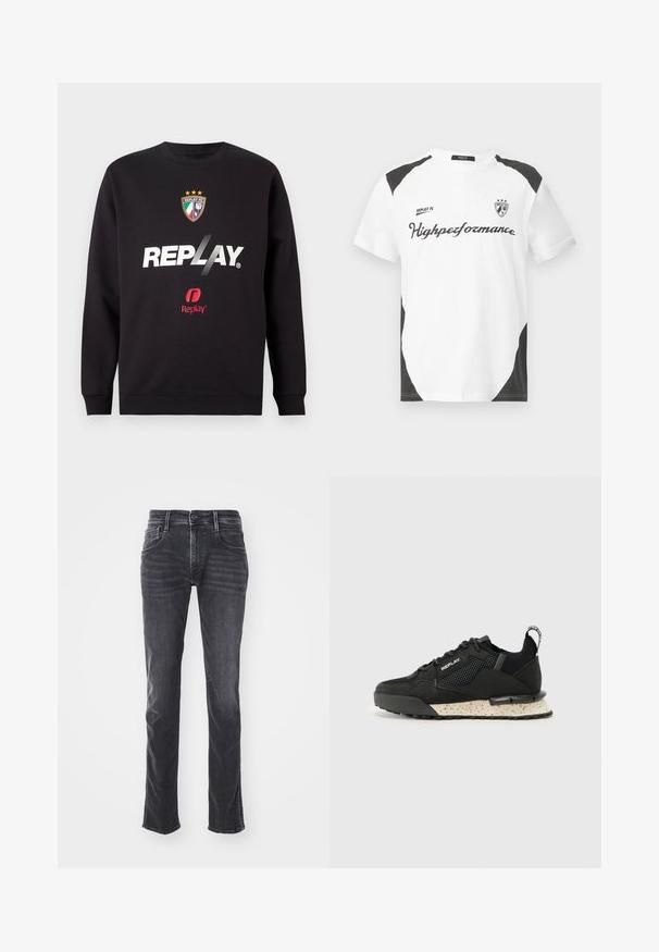 Zwarte sweatshirt met het "REPLAY" logo en het Replay FC-embleem met drie sterren en de kleuren van de Italiaanse vlag in het midden vooraan.; Witte T-shirt met korte mouwen en zwarte accenten. Bevat het logo "REPLAY FC" en de tekst "Highperformance" in een sportieve lettertype. Gemaakt van een glad materiaal.; Donkergrijze denim jeans met een rechte pijpdesign, subtiele vervaging en vijf zakken. Voorzien van een knoop- en ritssluiting.; Replay FIELD MELT 25 - Sneakers laag - black