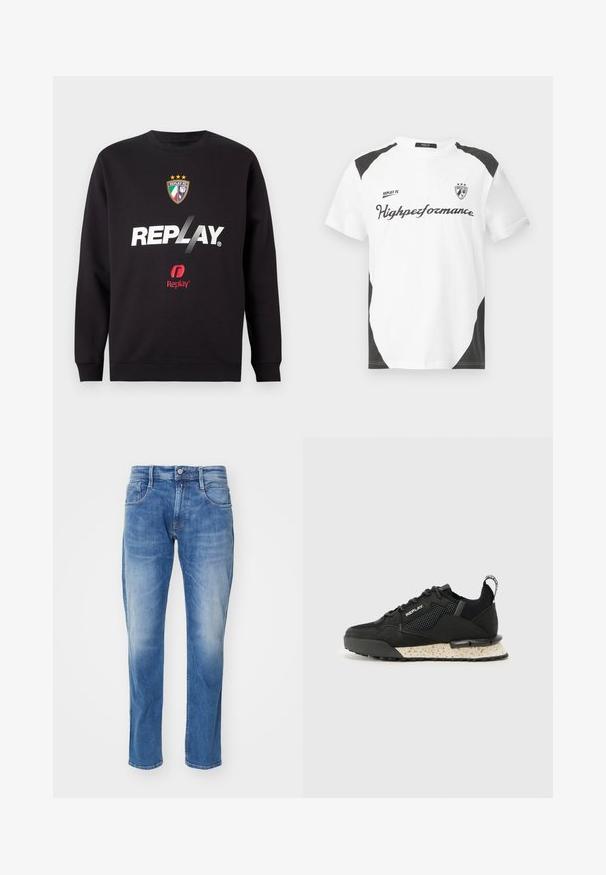 Črna majica s kapuco z logotipom "REPLAY" in grbom Replay FC, ki vsebuje tri zvezde in barve italijanske zastave na sprednji sredini.; Bela kratka majica s kratkimi rokavi z črnimi detajli. Vsebuje logo "REPLAY FC" in besedilo "Highperformance" v športnem fontu. Narejena je iz gladkega materiala.; Svijetloplave traperice s ravnim krojem, dizajnom s pet džepova, blagim izbljedjivanjem i standardnim pojasom s gumbom.; Replay FIELD MELT 25 - Športni copati - black