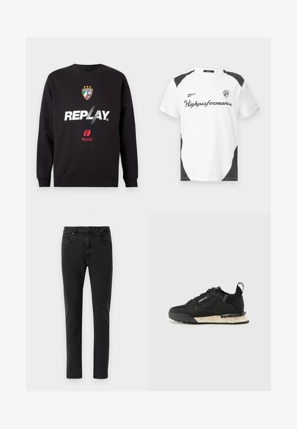 Svart hettegenser med "REPLAY"-logo og Replay FC-våpen med tre stjerner og italienske flaggfarger i midten foran.; Hvit kortermet T-skjorte med svarte detaljer. Har "REPLAY FC" logo og "Highpeformance" tekst i en sporty skrifttype. Laget av et glatt materiale.; Sorte denimjeans med slim fit, som har et klassisk fem-lomme design og minimale sømdetaljer. Glatt tekstur, standard linning.; Replay FIELD MELT 25 - Joggesko - black