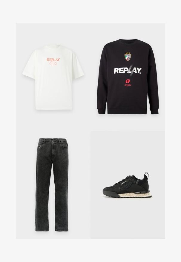 Black sweatshirt with "REPLAY" logo and Replay FC crest featuring three stars and Italian flag colors on front center.; White t-shirt with a round neck, short sleeves. Features orange text "REPLAY" and symbols "+", "×" on the front. Soft fabric, relaxed fit.; Black denim jeans with a straight-leg cut, featuring five pockets, a button closure, and subtle fading along the fabric.; Replay FIELD MELT 25 - Trainers - black