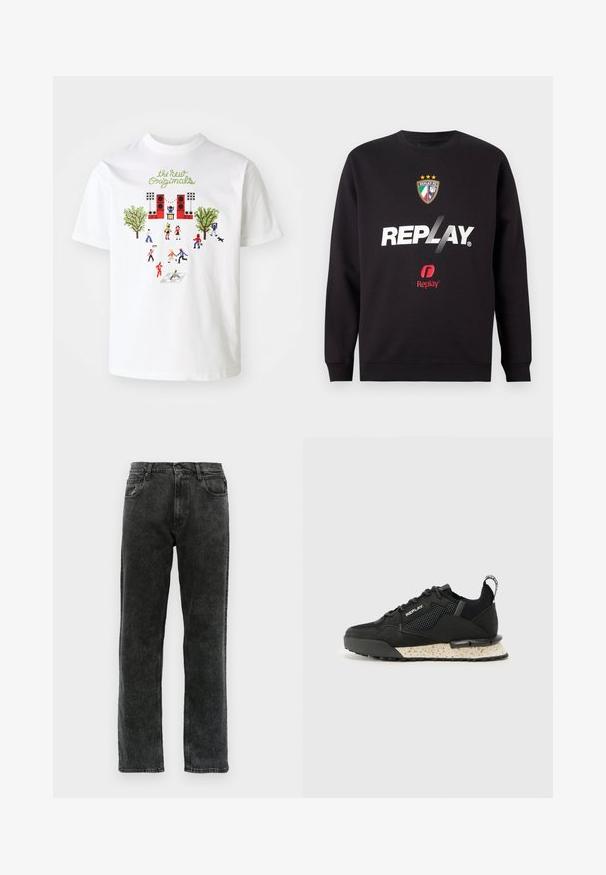 Hanorac negru cu logo-ul "REPLAY" și stema Replay FC, având trei stele și culorile steagului italian, plasată în centrul frontal.; Tricou alb din bumbac cu un grafic colorat ce prezintă oameni, copaci și o scenă, cu textul "Noile originale" în verde deasupra designului.; Jeans negri din denim cu croi drept, având cinci buzunare, închidere cu nasture și decolorări subtile pe țesătură.; Replay FIELD MELT 25 - Sneakers low - black
