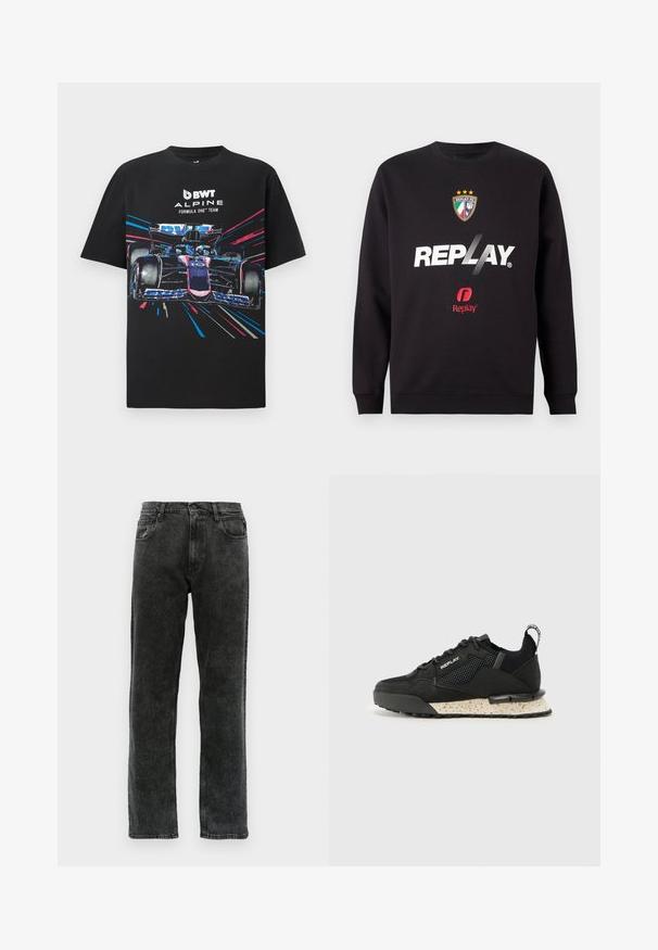 Schwarzer Sweatshirt mit "REPLAY"-Logo und dem Replay FC-Wappen, das drei Sterne und die Farben der italienischen Flagge in der Mitte auf der Vorderseite zeigt.; Schwarzes Baumwoll-T-Shirt mit einem grafischen Druck eines Formel-1-Autos, das lebendige blaue und pinke Akzente aufweist, sowie dem Text "BWT ALPINE FORMULA ONE TEAM".; Schwarze Denim-Jeans mit geradem Schnitt, fünf Taschen, Knopfverschluss und dezentem Verblassen des Stoffs.; Replay FIELD MELT 25 - Sneaker low - black