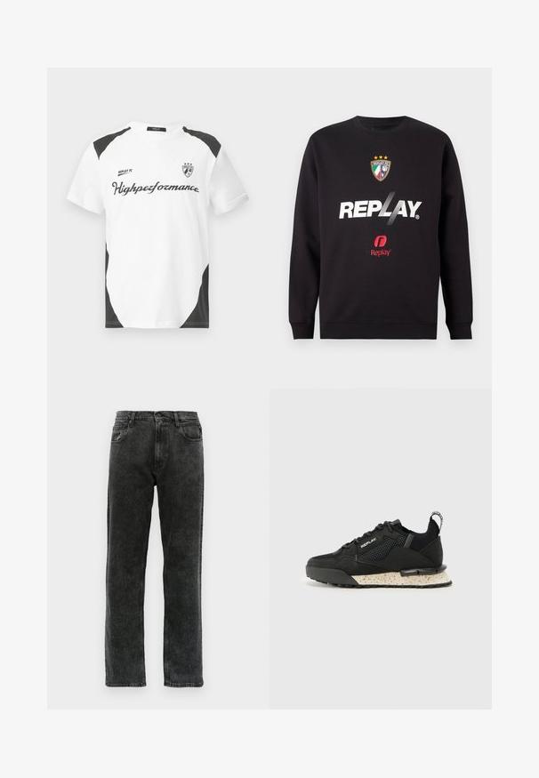 Black sweatshirt with "REPLAY" logo and Replay FC crest featuring three stars and Italian flag colors on front center.; White short-sleeve t-shirt with black accents. Features "REPLAY FC" logo and "Highpeformance" text in a sporty font. Made from a smooth material.; Black denim jeans with a straight-leg cut, featuring five pockets, a button closure, and subtle fading along the fabric.; Replay FIELD MELT 25 - Trainers - black