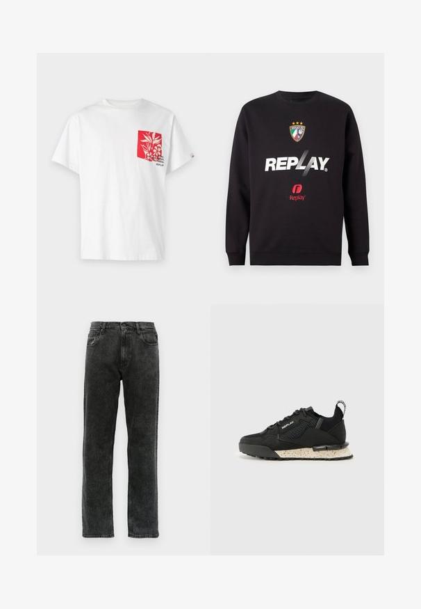Svart hettegenser med "REPLAY"-logo og Replay FC-våpen med tre stjerner og italienske flaggfarger i midten foran.; Hvit bomull T-skjorte med en rød lomme med blomstermønster og tekst. Korte ermer, rund hals, og avslappet passform.; Svarte denimjeans med rett ben, med fem lommer, knappelukking og subtile falminger langs stoffet.; Replay FIELD MELT 25 - Joggesko - black