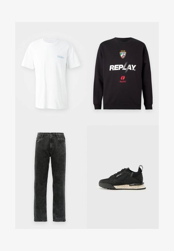 Črna majica s kapuco z logotipom "REPLAY" in grbom Replay FC, ki vsebuje tri zvezde in barve italijanske zastave na sprednji sredini.; Bela bombažna majica s kratkimi rokavi. Ima svetlo modro natisnjeno "LEE" logo na levem prsnem delu. Krogličen izrez, standardna prilegajočnost.; Črne kavbojke iz denima s ravnim krojem, ki vključujejo pet žepov, z gumbom za zapiranje in rahlim bledenjem na tkanini.; Replay FIELD MELT 25 - Športni copati - black